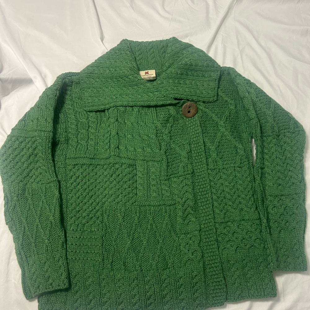 Carraig Donn Green 100% Merino Wool Cardigan Sz L Shawl Collar St. Patrick’s Day - Picture 2 of 14